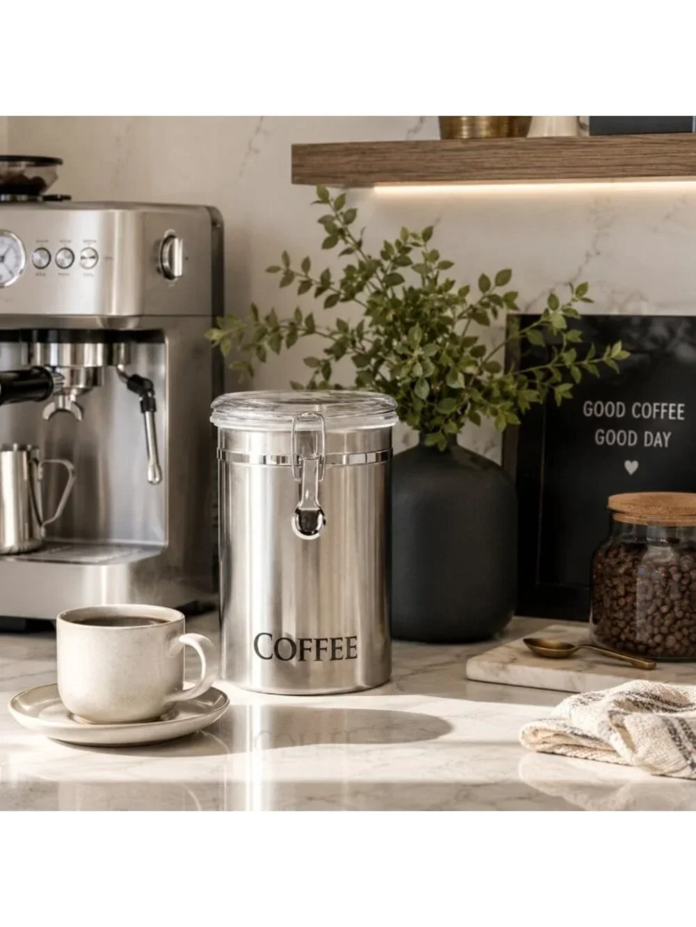 Airtight Stainless Steel Coffee Canister - 62oz, Clear Top for Beans & Grounds